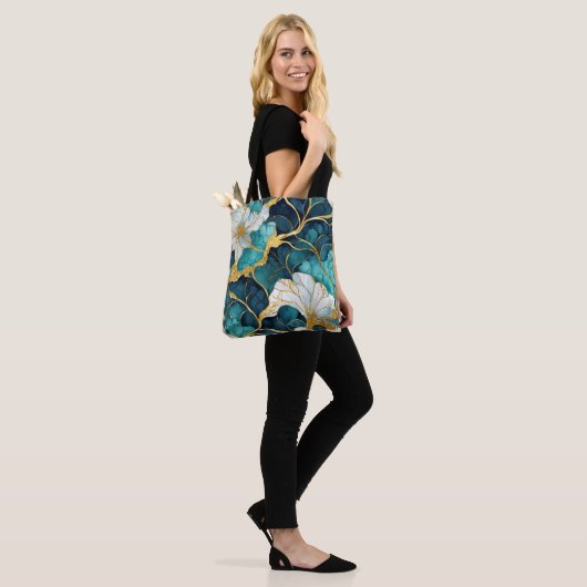Tote Bag Or Turquoise floral japonais (Sur le modèle)