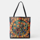 TOTE BAG ORANGE ARBRE AVEC FEUILLES VERTS, FLEURS (Devant)