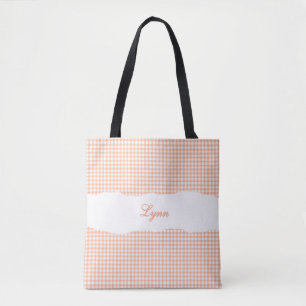 Tote Bag Orange & Blanc Gingham Classique Nom Personnalis