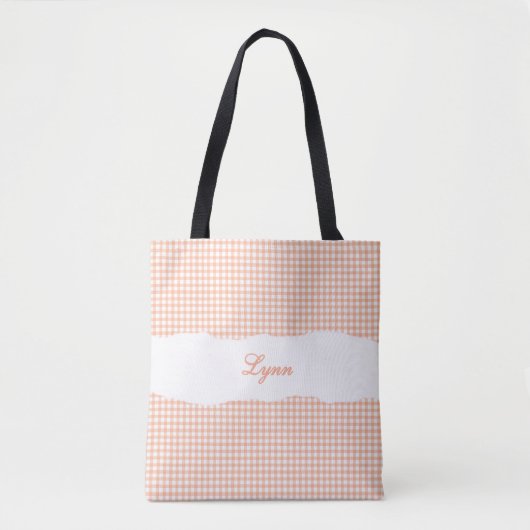 Tote Bag Orange & Blanc Gingham Classique | Nom Personnalis (Devant)