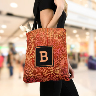 Tote Bag Orange bold monogramme feuille motif moderne perso