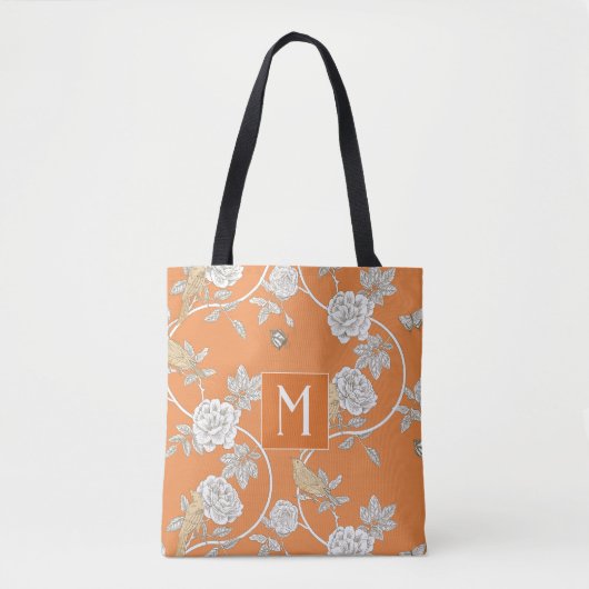 Tote Bag Orange Chinoiserie Floral Monogramme (Devant)
