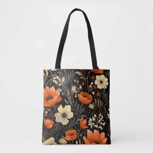 Tote Bag Orange d'automne et fleurs en gras de crème (Devant)