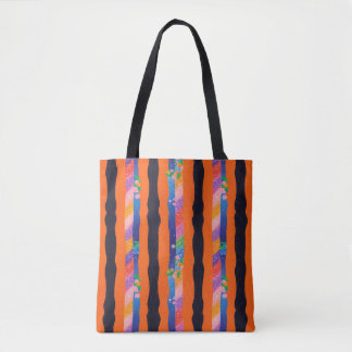 Tote Bag Orange Floral Wavy Stripe Pattern