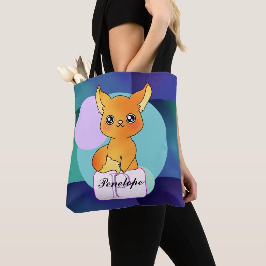 Tote Bag Orange Little Kawaii assis Fox (De près)