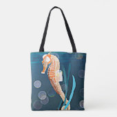 Tote Bag Orange Seahorse contre la mer avec des bulles (Dos)