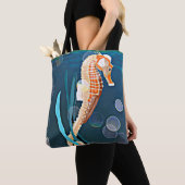 Tote Bag Orange Seahorse contre la mer avec des bulles (De près)