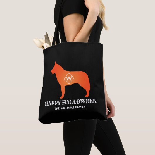 Tote Bag Orange Sibérie Husky Silhouette Happy Halloween (De près)