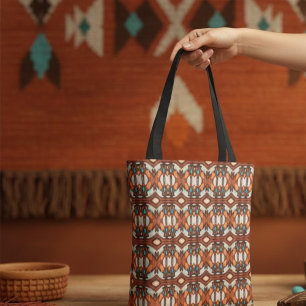 Tote Bag Orange, Turquoise, Inspiré Tribal Brown