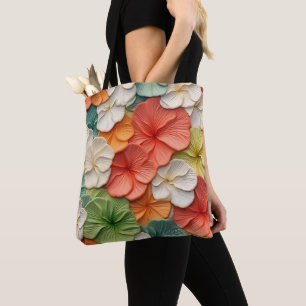TOTE BAG ORANGE VERT JAUNE FLEURS BLANCHES