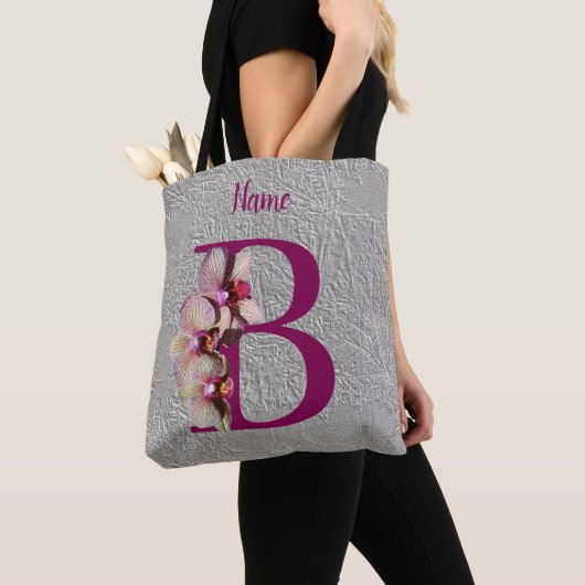 Tote Bag Orné de Monogramme Élégant Orchidée Initiale B Per (De près)