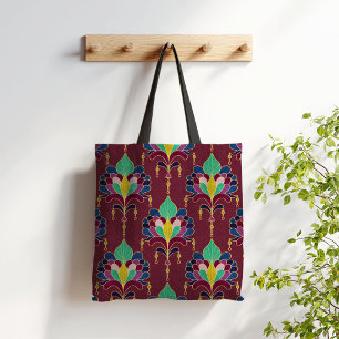 Tote Bag Ornement floral Art Déco bordeaux et or