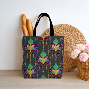 Tote Bag Ornement floral Art Déco gris foncé et or
