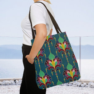 Tote Bag Ornement floral Art Déco sarcelle et or