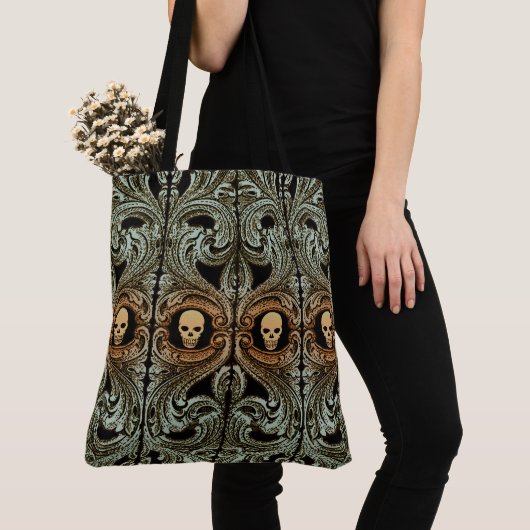Tote Bag Ornement Vert Goth Sage Avec Crâne (De près)