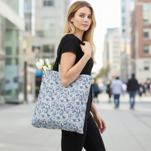 Tote Bag Ornements de Noël en toile bleue, cloches et ruban