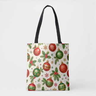 Tote Bag Ornements de Noël vintage & motif de houx – Rouge