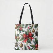 Tote Bag Ornements dorés à ruban rouge Noël (Devant)