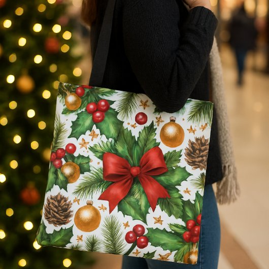 Tote Bag Ornements dorés à ruban rouge Noël