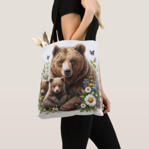 Tote Bag Ours brun avec des oursons dans une prairie fleuri