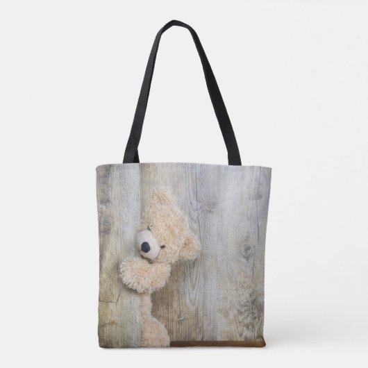 Tote Bag Ours Cute Stuffé Mur Rustique En Bois (Dos)
