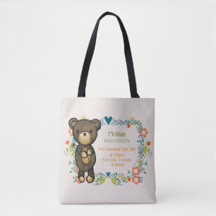 Tote Bag Ours en peluche avec motifs floraux naissance bébé