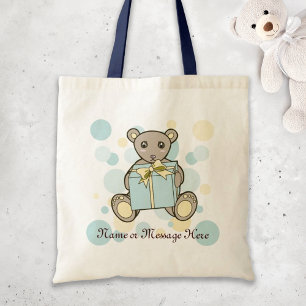 Tote Bag Ours en peluche bleu pastel et jaune personnalisé