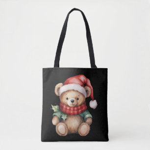 Tote Bag Ours en peluche de Noël à l'aquarelle