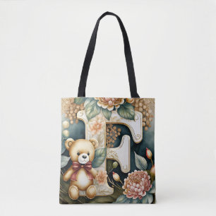 Tote Bag Ours en peluche floral lettre F