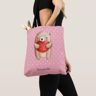 Tote Bag Ours en peluche mignon portant un coeur rouge