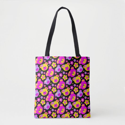 Tote Bag Ours et fleurs rose jaune à motifs (Devant)