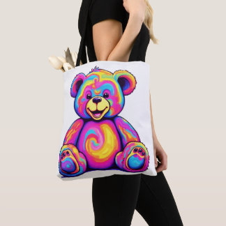 Tote Bag Ours hippie arc-en-ciel psychédélique couleur vive
