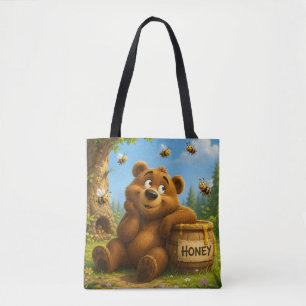 Tote Bag Ours mignon avec baril de miel et abeilles joyeuse