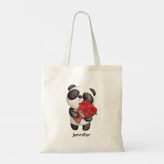 Tote Bag Ours Panda mignon avec Bouquet Rose (Dos)