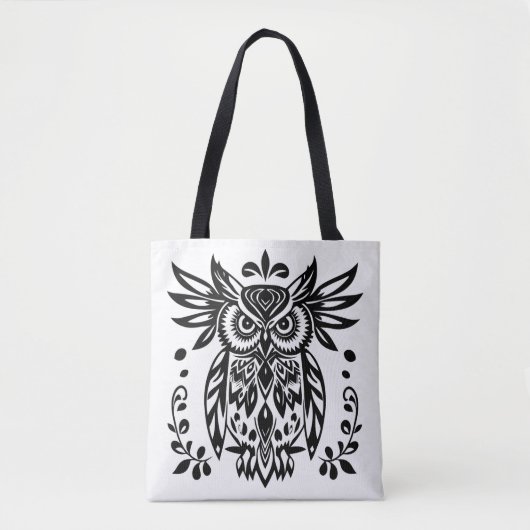 Tote Bag Owl Lovers Rustic Woodlands Black White Bohemian (Devant)