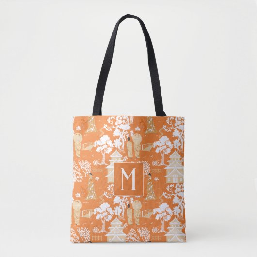 Tote Bag Pagode de la Chinoiserie orange Monogramme (Devant)