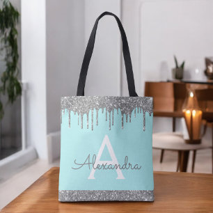 Tote Bag Pailleté Argenté Aqua Sarcelle Monogramme Élégant 