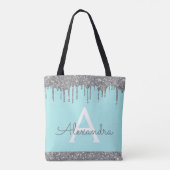 Tote Bag Pailleté Argenté Aqua Turquoise Monogramme Élégant (Dos)