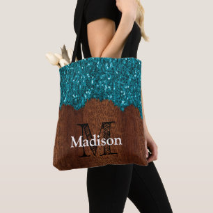 Tote Bag Pailletés bleu aqua bois brun rustique Monogramme