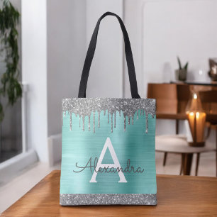 Tote Bag Paillettes Argentées Aqua Sarcelle Élégant Monogra