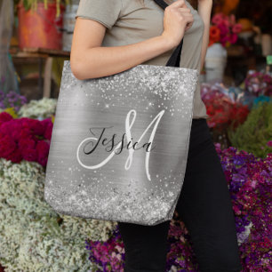 Tote Bag Paillettes Argentées et Monogramme Féminin Brillan