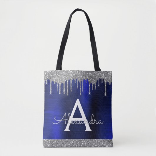 Tote Bag Paillettes Bleu Marine Argenté Monogramme Élégant (Devant)