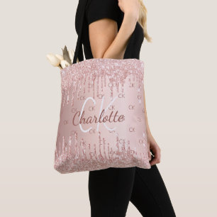 Tote Bag Paillettes de rose gold en forme de monogramme élé