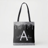 Tote Bag Paillettes Noir Argenté Élégant Monogramme (Devant)