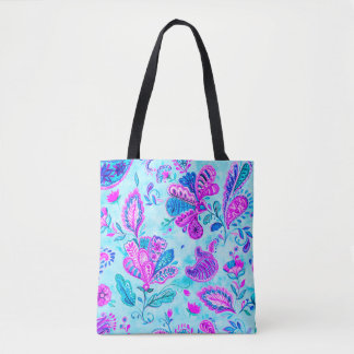 Tote Bag Paisley aquarelle motif floral tuile : fleurs, f
