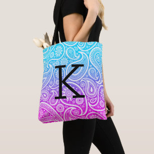 Tote Bag Paisley blanche motif sur bleu à rose ombre
