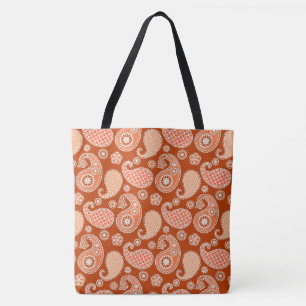 Tote Bag Paisley motif, Mandarin Orange et Blanc