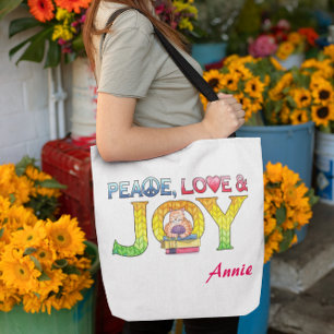 Tote Bag Paix, Amour et Joie Livre personnalisé ou fils
