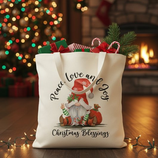 Tote Bag Paix, Amour & Joie Bénédiction Gnome de Noël