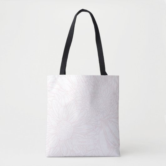 Tote Bag Pale Pink Chrysanthemums Line Drawing with Name (Devant)
